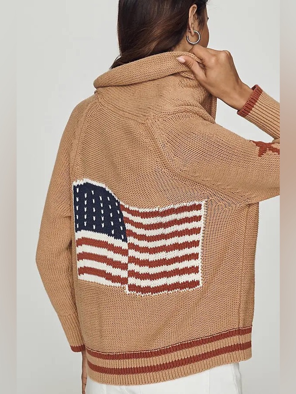 Anthropologie Maeve Lawson Shawl Collar American Flag Cardigan Brown Size Medium